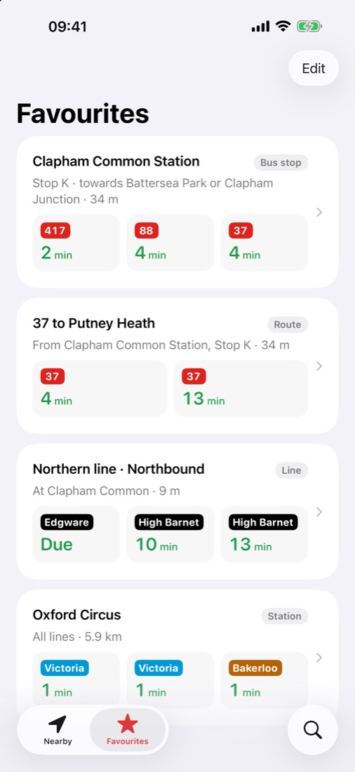 The Favourites screen, with live times for saved stops and lines